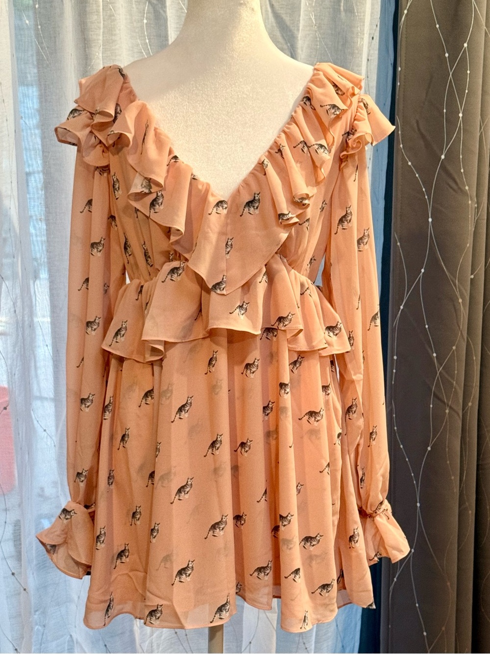 NWT AFRM Arland Long Sleeve Minidress Plunge Front/Back Ruffles Kitten Dot Sz M
